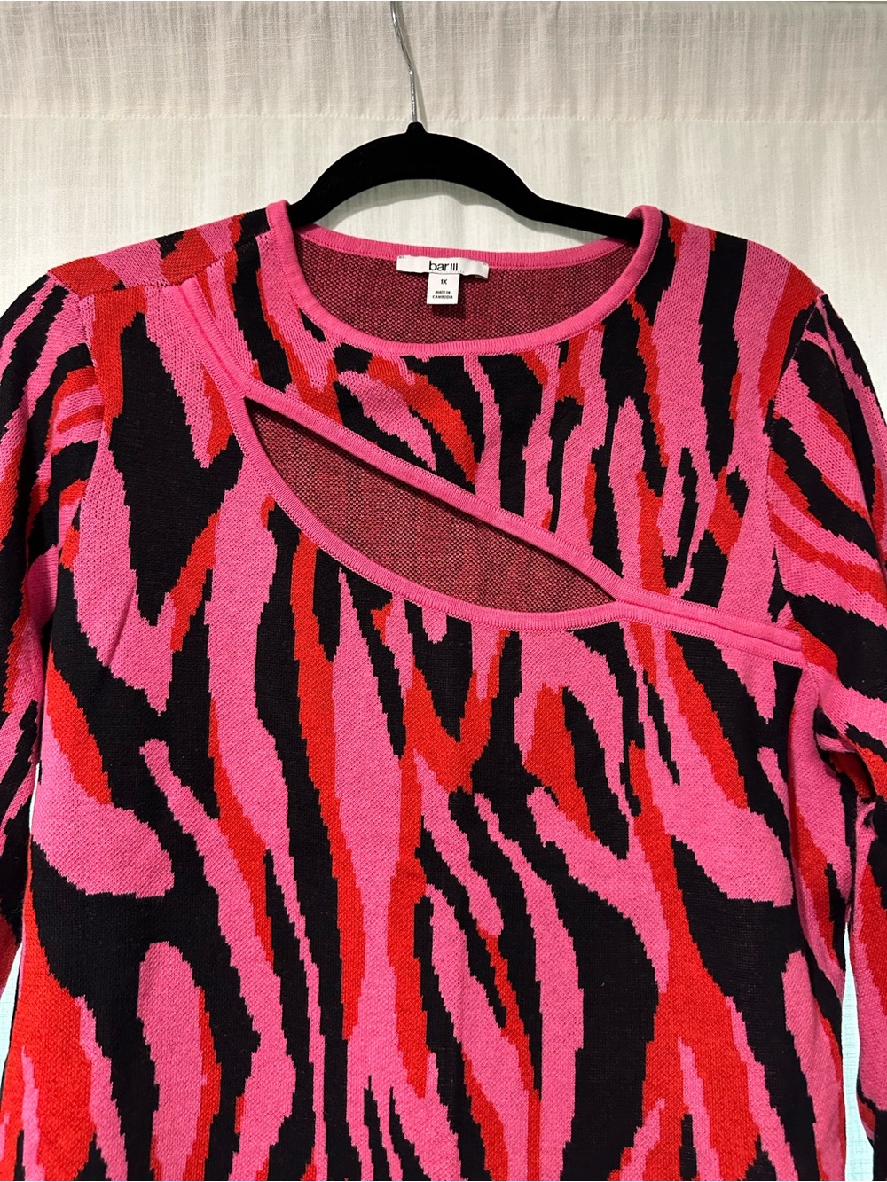 Bar III Pink Red and Black Cutout Animal-Print Crewneck Sweater